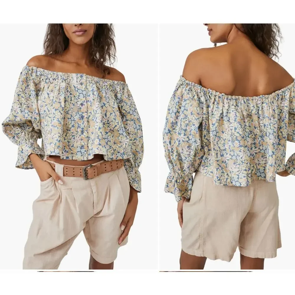 Free people James Smocked Off the Shoulder Crop Blouse
